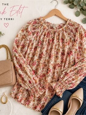 Alex & Lili Floral Smocked Blouse Size L Romantic Boho Ruffle Sleeve